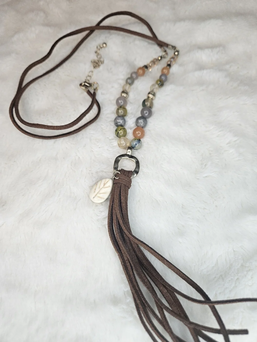 Brown Suede Tassel Necklace with Multicolor Beads - Picture 1 of 3